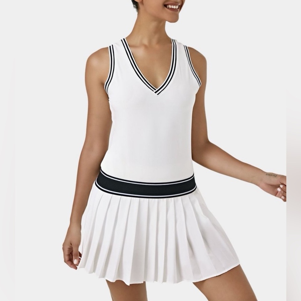 Halara V Neck Pleated Color Block Activity Dress White/Black XS